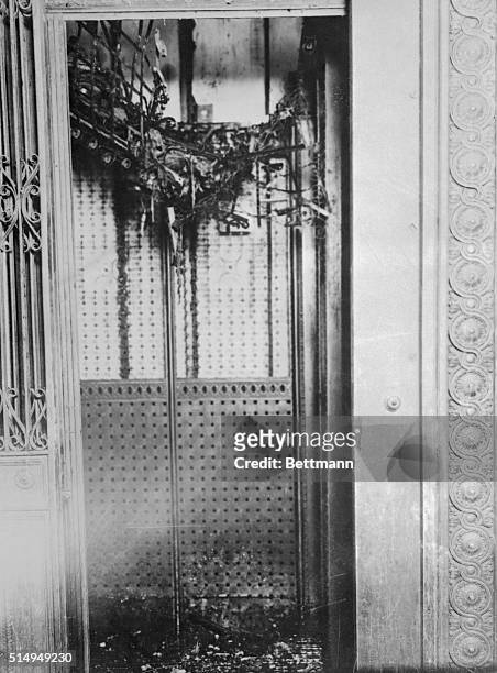 New York, NY: Triangle Shirtwaist Company fire. Damaged elevator shown after the fire.