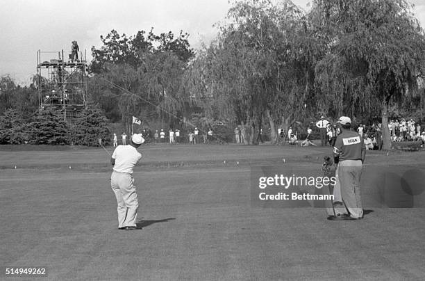 Ben Hogan, who was in contention all the way in seeking his 5th US Open title, met difficulty on the 17th hole on June 18, 1960. Here Hogan's ball...