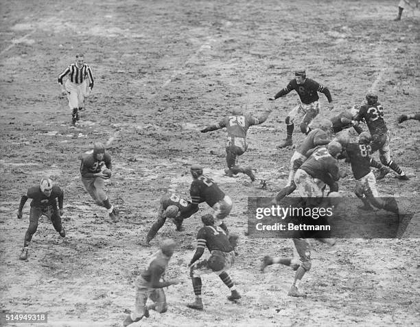 Chicago Bears vs. All Stars at Polo Grounds. Sammy Baugh, #33, of the Redskins is shown fading back behind his interference to make a long pass to...