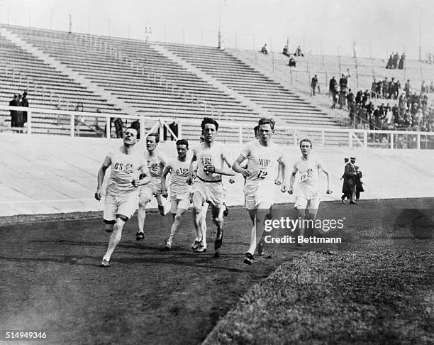 Olympic Games, London, England 1908-1500 meter flat race final rounding the bend.