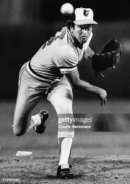 Orioles' all-star pitcher Steve Stone delivers a pitch during the first inning action at Anaheim Stadium. Stone is going for his 20th victory tonight...