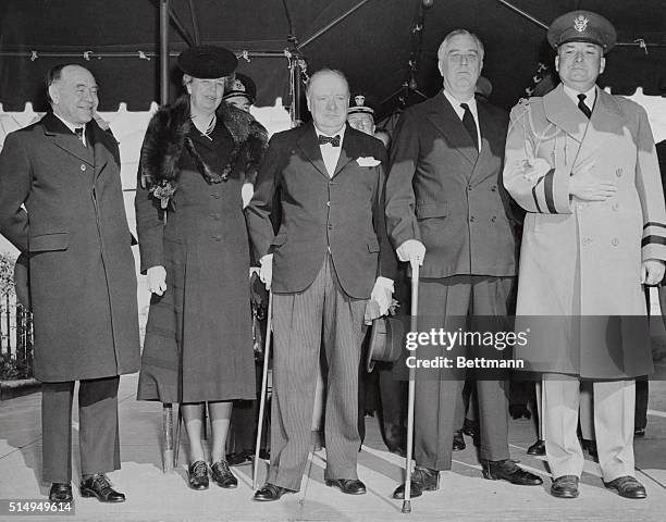 President Franklin D. Roosevelt, Prime Minister Winston Churchill of England and members of their dynasty, leave the White House in Washington, D.C....