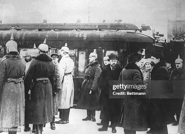 Brest-Litvosk, Belorus: The Russian delegation to the Brest-Litvosk meetings is greeted by the Germans at the railway station.