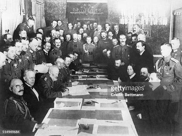 Brest-Litovsk- Signing of the Russo-Teuton Peace Parley at Brest Litovsk. In the council chamber, photo shows Prince Leopold, the leader in the East,...