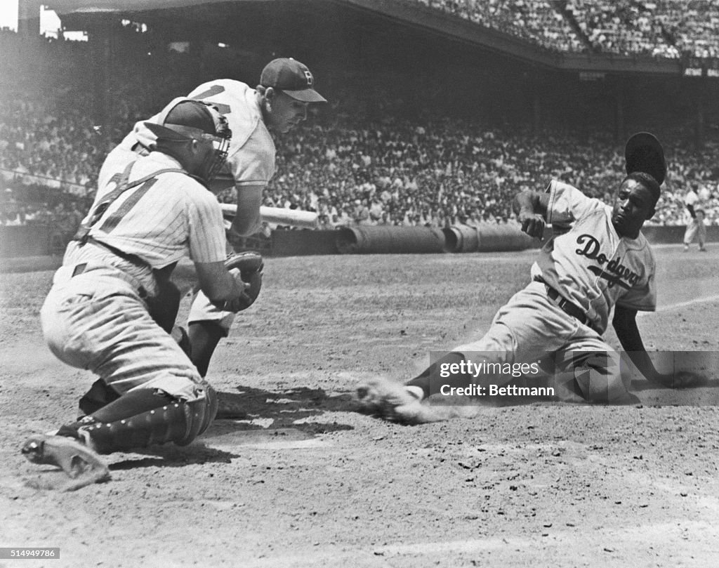Jackie Robinson Steals and Slides Into Home