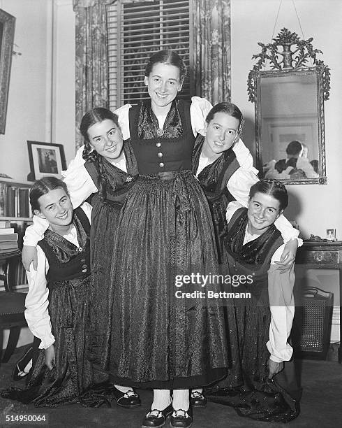 New York, NY- The five daughters of Count Georg Von Trapp are shown here in a pyramid pose during a rehearsal interlude in preparation for their...