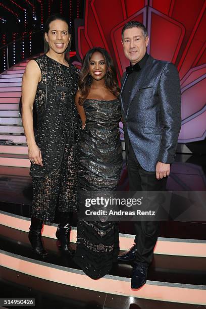 Jury members Jorge Gonzalez, Motsi Mabuse and Joachim Llambi pose for a photograph after the 1st show of the television competition 'Let's Dance' on...