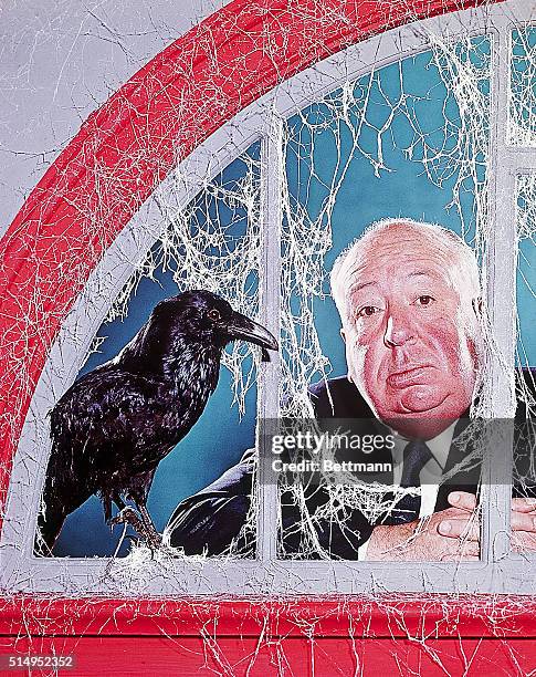 Alfred Hitchcock in a spiderweb-covered fanlight with a raven.