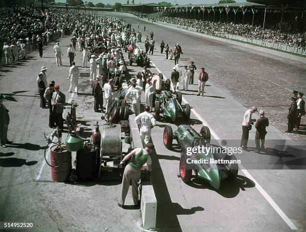 View of activities on sideline pits during 1948 Speedway 500 mile classic.