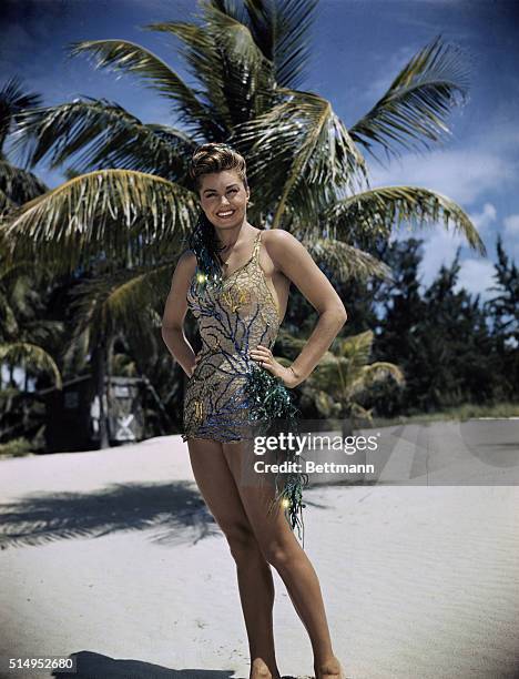 Esther Williams, movie actress, at Biscayne Key, south of Miami, Fla., while on location.