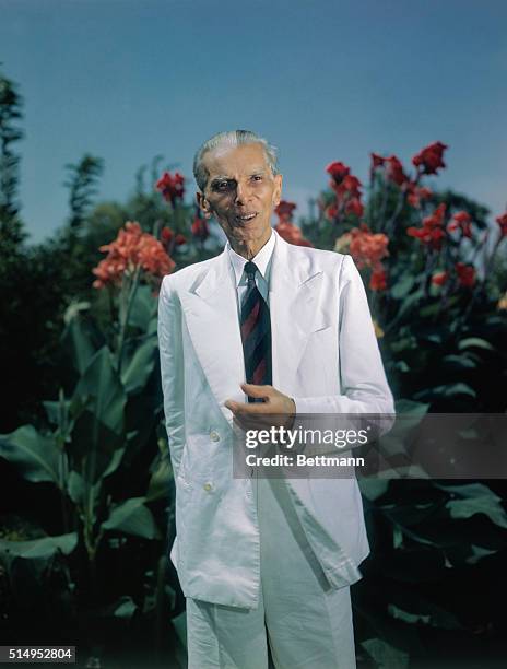 Kodachrome transparencies of Mohammed Ali Jinnah, Governor General of Pakistan. Photo shows Jinnah outside his study in the beautiful gardens of the...