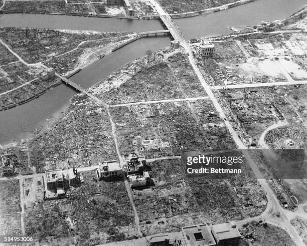 An overhead view of Hiroshima, Japan, showing total destruction resulting from dropping of the first Atomic bomb on August 6, 1945 on Japan.