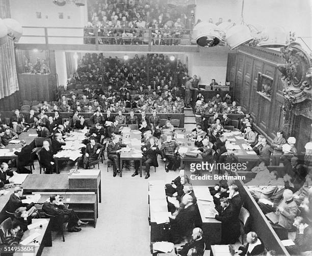 War crime trial opens at Nuremberg. Seated in the dock at lower right. Top Nazi war criminals face justice as their war crimes trial opens at the...