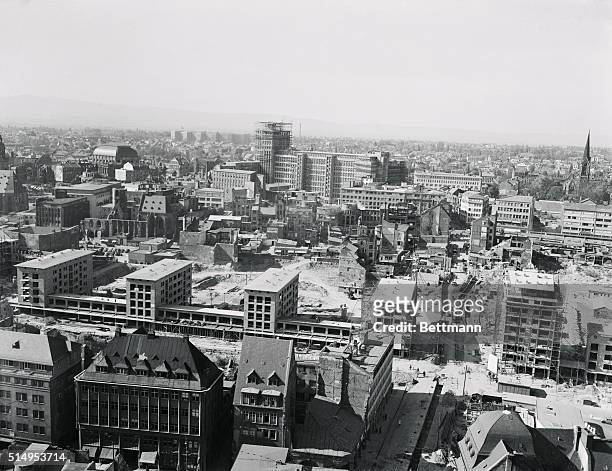 Frankfurt, Germany: Out Of The ashes-A New City. This view of the central section of Frankfurt shows how extensive the reconstruction of the war...
