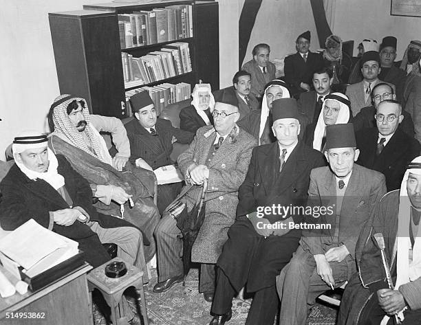 Firm Against Entrance of Jews to Palestine. Jerusalem, Palestine: Members of the Arab Higher Committee are shown in conference in Jerusalem at the...