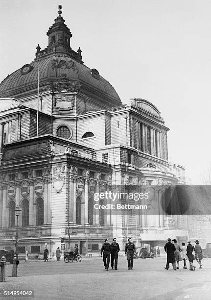 Here is an exterior view of Central Hall, Westminister, London, where the historic first conference of the United Nations General Assembly was opened...