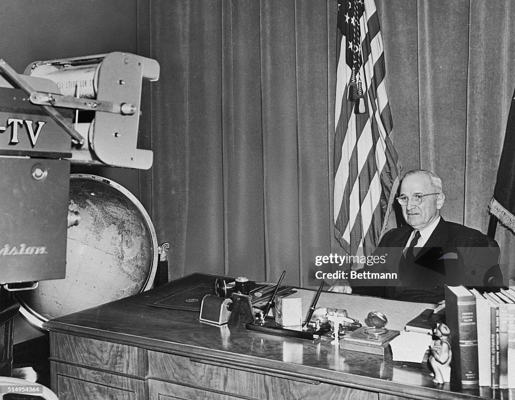 Harry Truman Sitting at Desk in Front of Camera