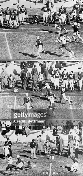 Dallas, Texas: Bench warming fullback Tommy Lewis of Alabama , tenses as he watches Rice's halfback Dickey Moegle , carry the ball down the field for...