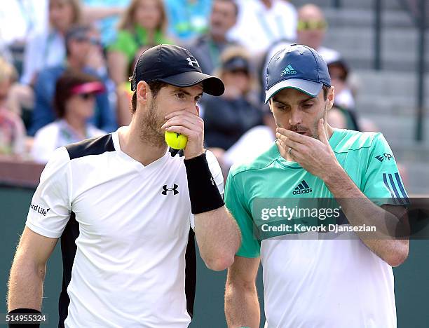 Andy Murray and Colin Fleming of Great Britain during their doubles tennis match against Milos Raonic of Canada and John Isner of the United States...