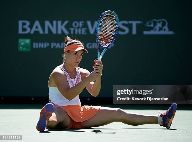 Danka Kovinic of Montenegro reacts after losing a point against Petra Kvitova of Czech Republic during the BNP Paribas Open at the Indian Wells...