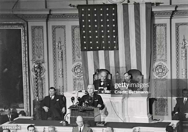 President Truman appearing before a joint session of the new Republican controlled Congress is shown here to deliver his annual State of the Union...