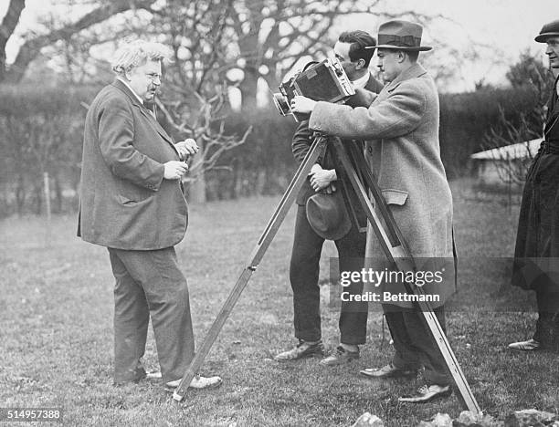 Gilbert Keith Chesterton, the author, was filmed at his residence in England by Widgey Newman for his film series of British Celebrities Secrets of...