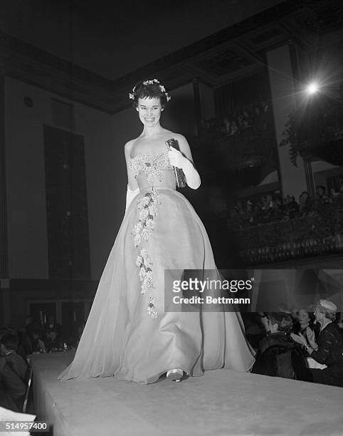 Mrs. Gloria Vanderbilt Stokowski modeling in the March of Dimes Fashion Show at Waldorf Astoria.