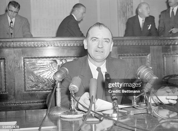 McCarthy Speaks to Newsmen. Washington, D.C.: Sen. Joseph McCarthy, appearing before a group of newsmen on December 3rd, said that it is "ridiculous...