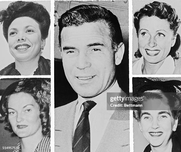 April 8, 1954-New York, New York: Porfirio Rubirosa shown with his bride-to-be, and various ex-wives.