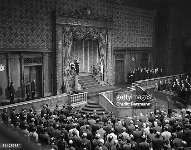 Japanese Emperor Opens Diet. Tokyo, Japan: Emperor Hirohito as he opened the 90th Session of the Japanese Diet in Tokyo, June 20. He read an Imperial...