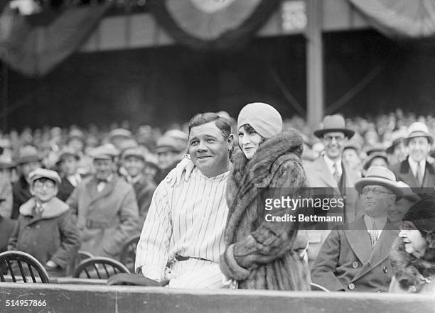 Babe Ruth and his new manager at the Yankees opener...The Mighty Sultan of Swat and his wife, the former Mrs. Claire Hodgson, shown at the opening of...