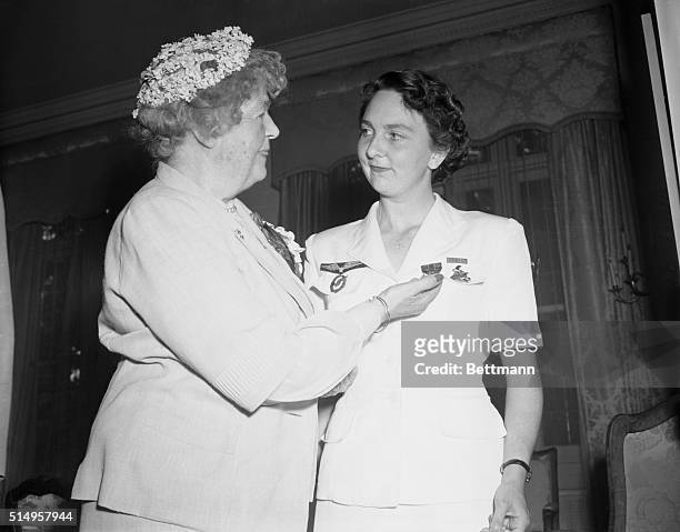 Lieutenant Genevieve De Galard-Terraube of the French Air Force receiving the Massachusetts American Legion Auxiliary Medal for Heroism from...