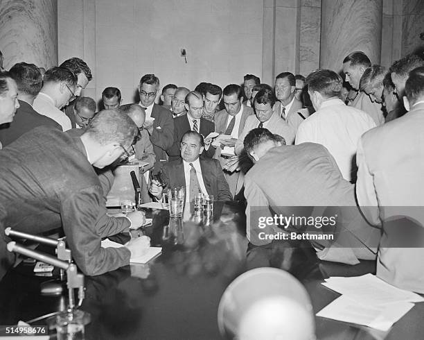 Senator Joseph McCarthy , is surrounded by newsmen in Washington on September 1st, as he holds a press conference while the Special Senate Committee...