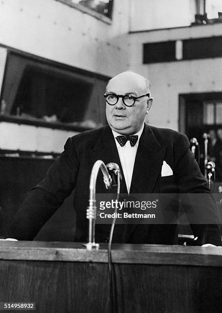 Belgium's Foreign Secretary Paul-Henri Spaak delivers an address at the fifth anniversary meeting of the European Council at Strasbourg. Spaak is a...