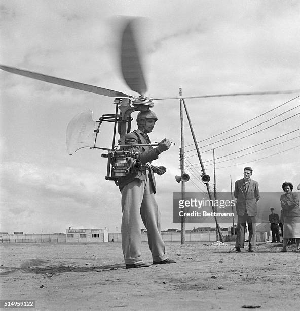 French inventor George Sablier demonstrates his one man helicopter at the International Meeting of Individual Helicopters in St. Etienne. Propelled...