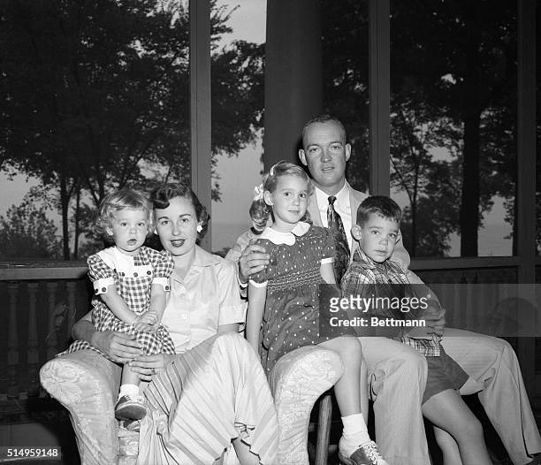 Major John Eisenhower and family at Fort Sheridan, are shown as left to right, Susan, 2 1/2; Mrs. John Eisenhower; Barbara Ann, 5; John Eisenhower;...