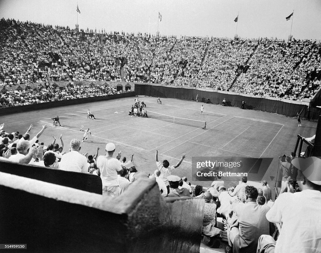 Vic Seixas Waving Racquet to Crowd