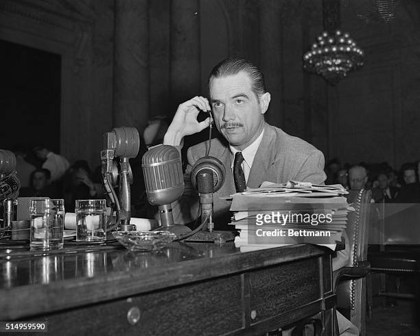 The Howard Hughes War Contract probe reached a stormy climax today when sub-committee chairman Homer Ferguson issued a new subpoena for Hughes' press...