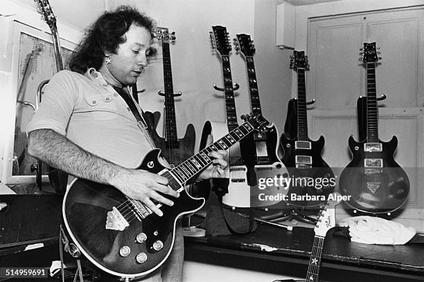Guitarist Richie Ranno, of American heavy metal group Starz, backstage with a selection of guitars at the Paradise Theater in Boston, Massachusetts,...