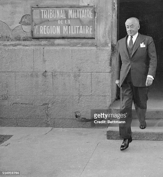 Former French Prime Minister Paul Reynaud leaves a military tribunal building in Paris after testifying in the French defense leaks scandal. Two high...