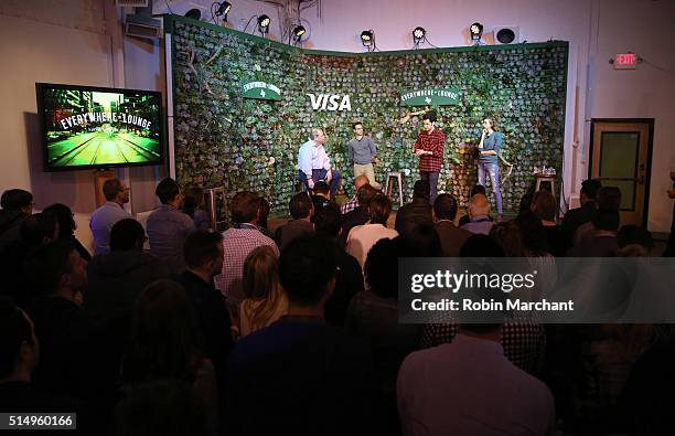 Comedians Gil Ozeri, Ben Schwartz and Lauren Lapkus are joined on stage during their performance at The Visa Everywhere Lounge in Austin by Sam...