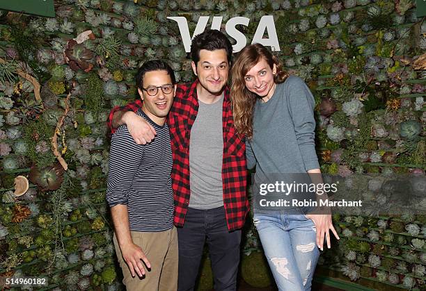 Comedians Gil Ozeri, Ben Schwartz and Lauren Lapkus on stage after their performance where they announced Visa's first-ever API Developer Challenge...