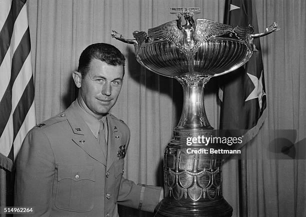 Captain Charles E. Yeager, who flew the experimental rocket plane, the Bell X-1, faster than sound, after being presented with the MacKay Trophy. The...
