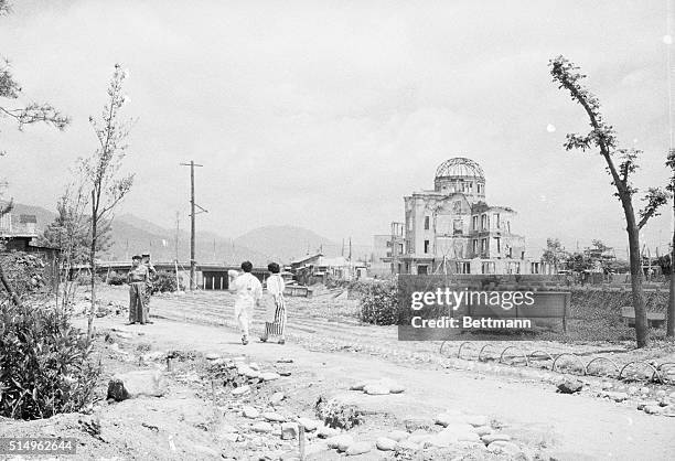 The skeleton of Hiroshima's Industrial Promotion Hall stands as a reminder of the death and destruction which hit the city at 8:15 a.m. On August 6...