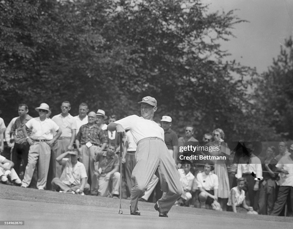 Golfer Cary Middlecoff Bends Backward While Watching Putt
