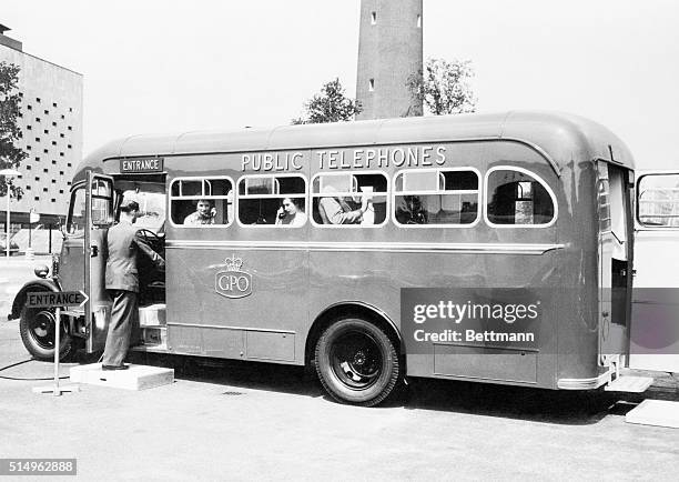 London: The latest development in speedy communications in Britain is the mobile telephone kiosk on exhibition, 6/25, at car park of Royal Festival...