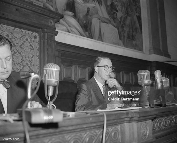 Senator Estes Kefauver listens to the testimony of Alabama Attorney General John Patterson in Miami's federal courthouse. Senator Kefauver is the...