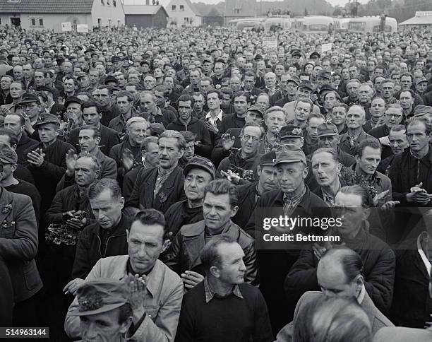 Ten years in Soviet prisoner of War camps have left their mark on the faces of these newly-freed Germans. Here, at the Friedland repatriation camp,...