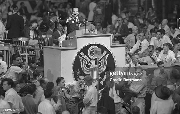 Mayor of Minneapolis Hubert H. Humphrey addressing the Democratic National Convention. Humphrey submitted a minority report urging the adoption of...