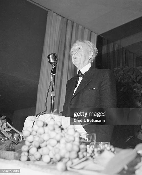 Miami Beach, Florida. Frank Lloyd Wright, internationally known architect, as he addressed more than 500 guests at a luncheon was sponsored by the...